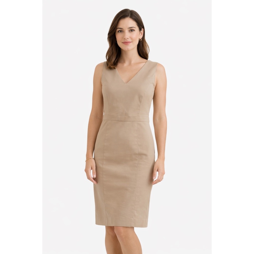 Ann Taylor Petite Tan Pencil Dress – Size 6P – Sleeveless V-Neck‎